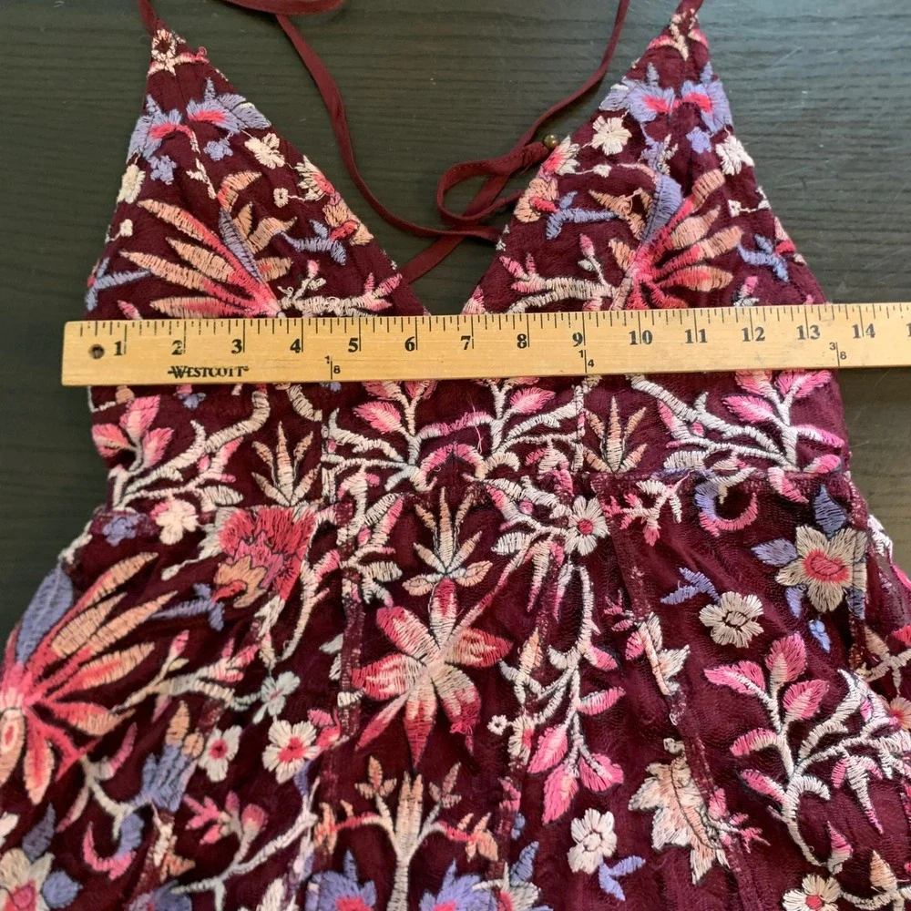 Free People Burgundy Floral Embroidered Lace Mini Dress Open Back Size 4 READ